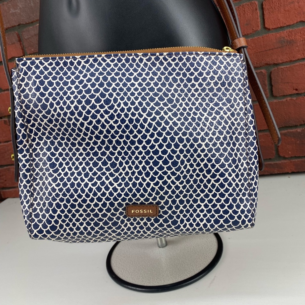 Fossil Navy Printed Crossbody Bag with Tan Trim